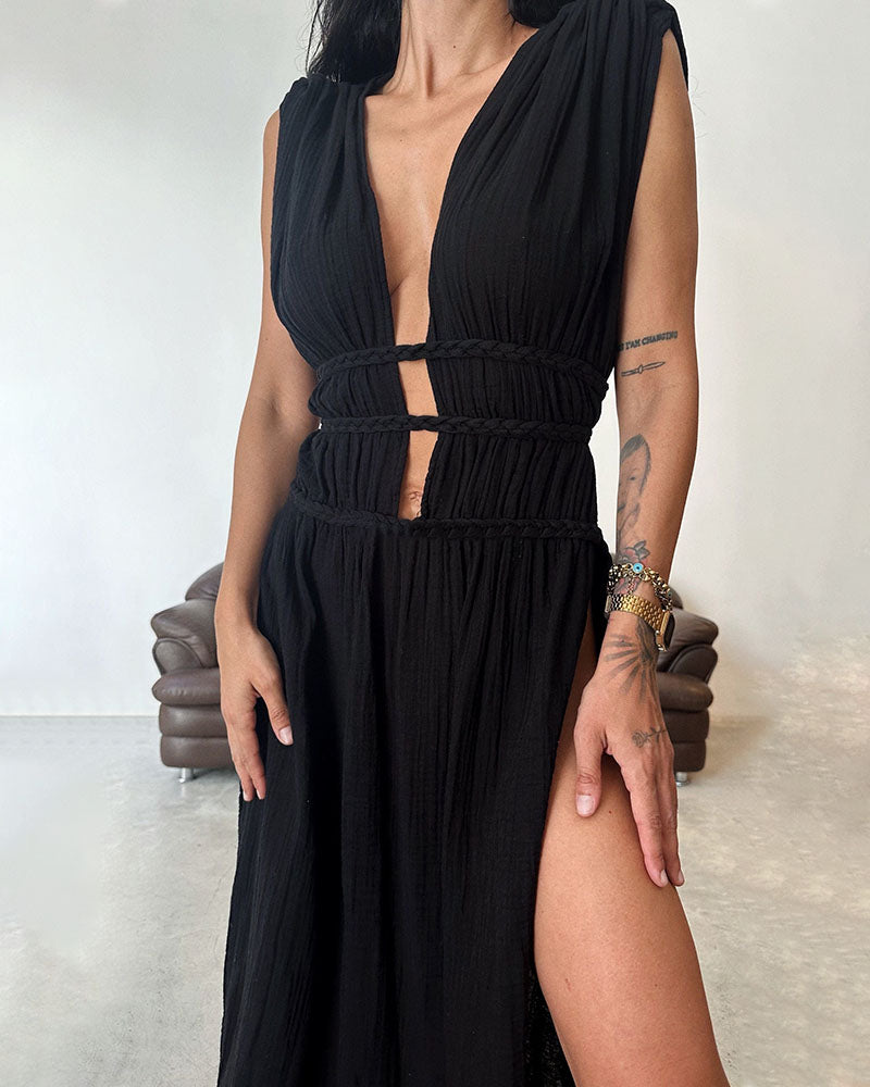 Ailani - Chic Lace Up Braided Slit Maxi Dress