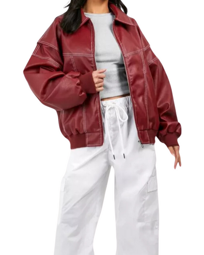 Faye - Oversized Red Leather Jacket