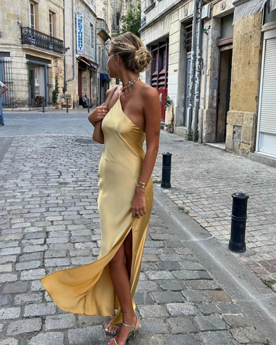 Maliah | Moonlight Open Back Satin Slit Long Dress