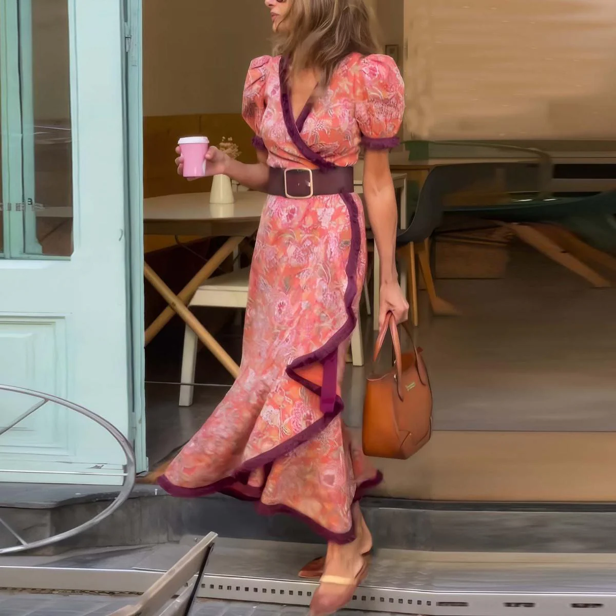 Elegant Short-Sleeved Maxi Dress in Pink