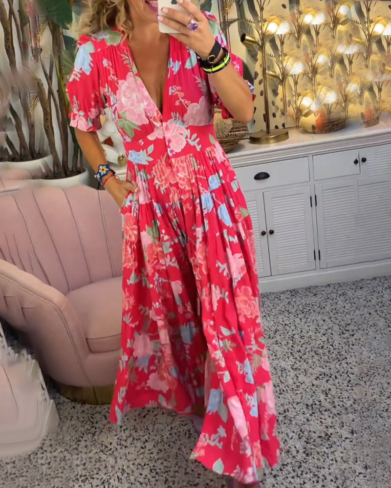 Amalia - Floral Print V-neck Pocket Dress