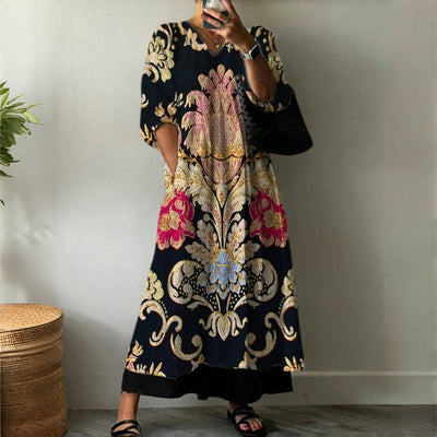 Gulia – [Long Sleeves] Vintage Ethnic Print Dress