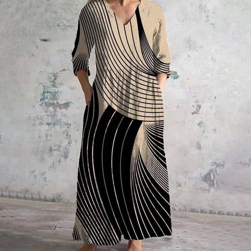 Sally – [Long Sleeves] Vintage Striped Print Dress