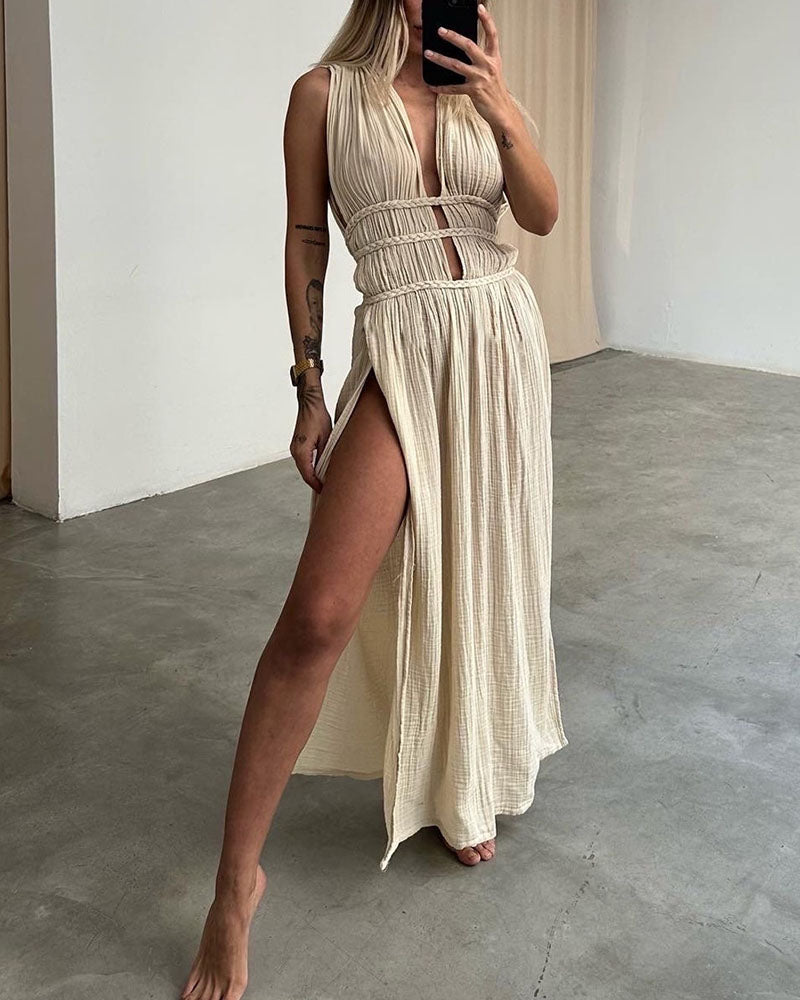 Ailani - Chic Lace Up Braided Slit Maxi Dress
