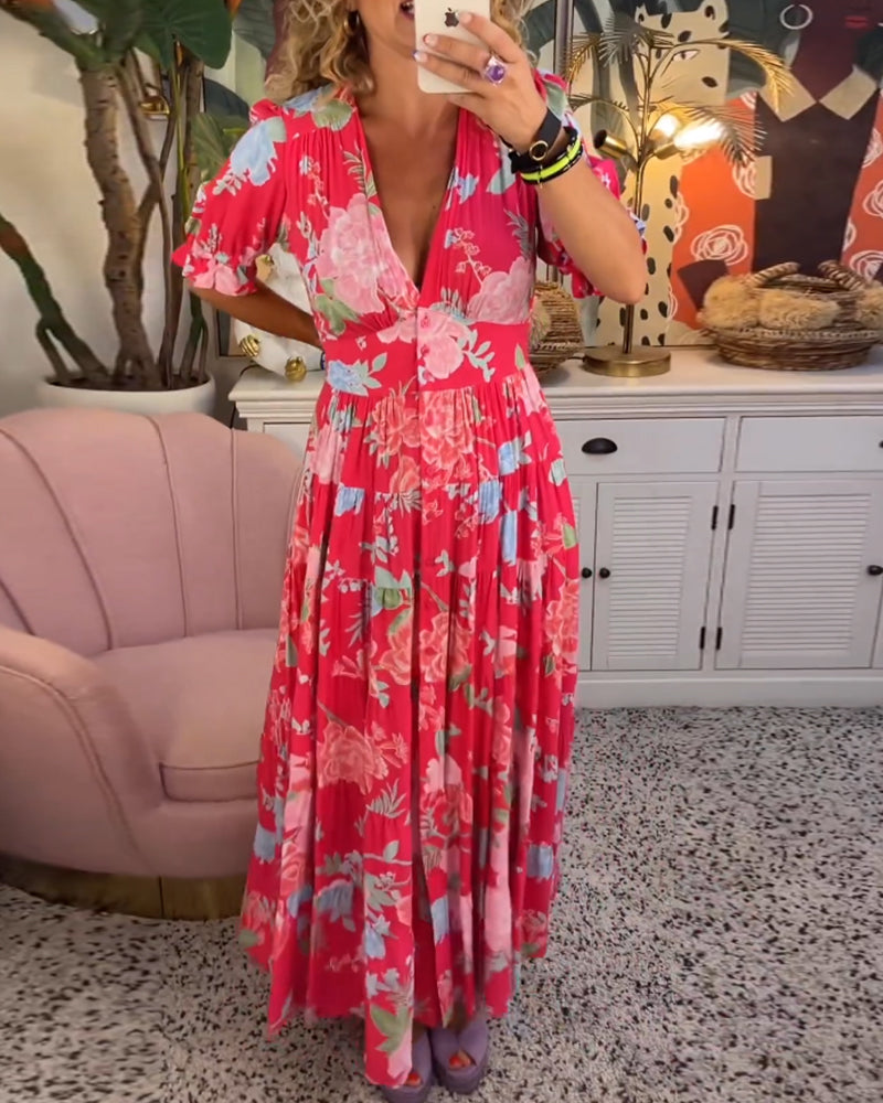Amalia - Floral Print V-neck Pocket Dress