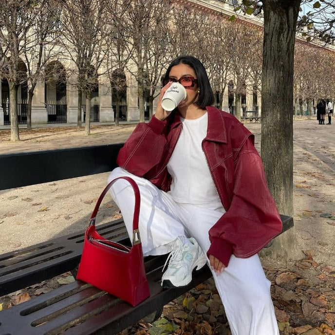 Faye - Oversized Red Leather Jacket