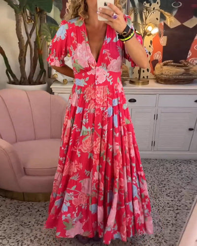 Amalia - Floral Print V-neck Pocket Dress