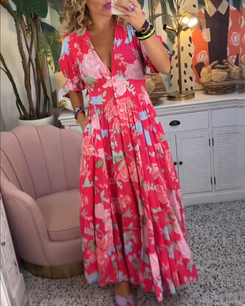 Amalia - Floral Print V-neck Pocket Dress