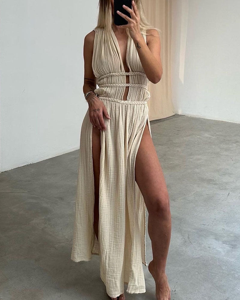 Ailani - Chic Lace Up Braided Slit Maxi Dress