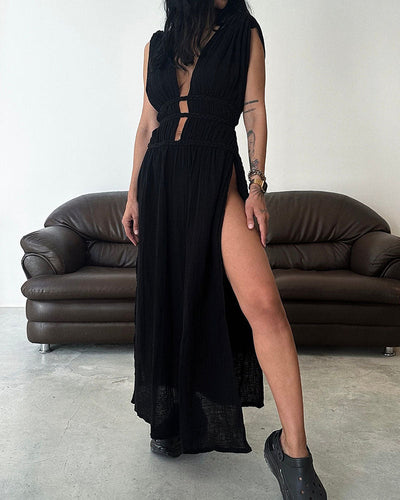Ailani - Chic Lace Up Braided Slit Maxi Dress