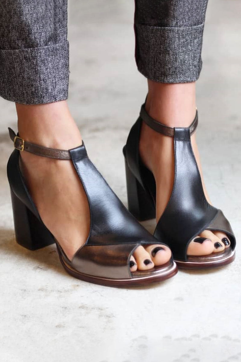 Anyao™ – Black Patchwork Heeled Sandals with Open Toe