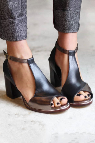 Anyao™ – Black Patchwork Heeled Sandals with Open Toe