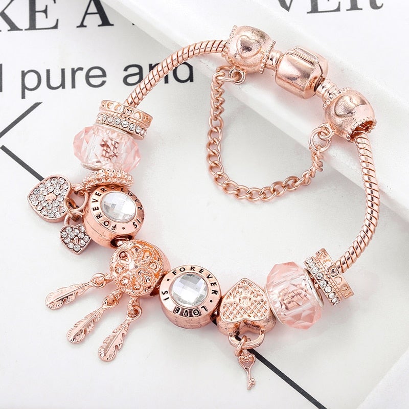 Elegant Snowflake Bracelet with Romantic Roses and Silver Charms