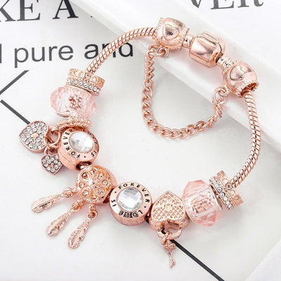 Elegant Snowflake Bracelet with Romantic Roses and Silver Charms