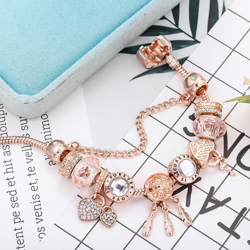 Elegant Snowflake Bracelet with Romantic Roses and Silver Charms