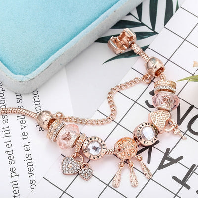 Elegant Snowflake Bracelet with Romantic Roses and Silver Charms
