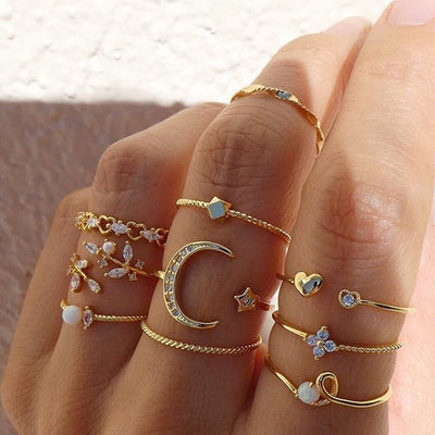 Set of 10 Elegant Bohemian Rings in Silver and Gold-Plated – For a Sophisticated Look