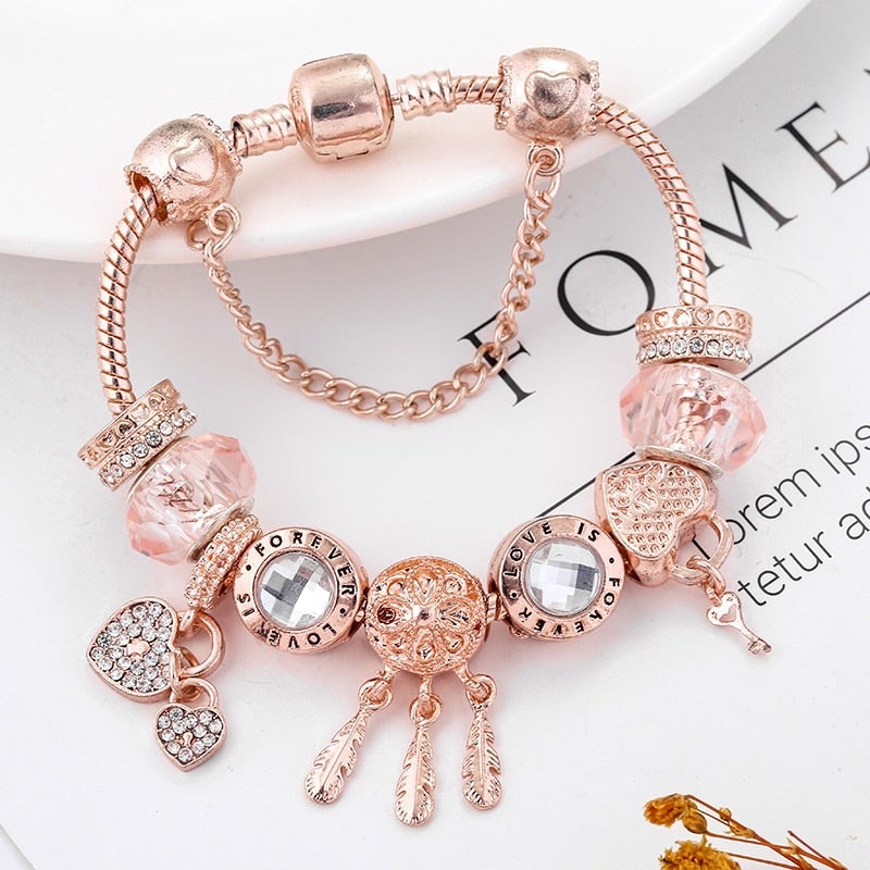 Elegant Snowflake Bracelet with Romantic Roses and Silver Charms