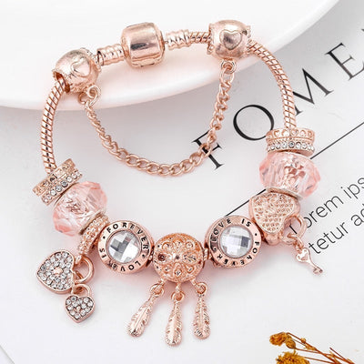 Elegant Snowflake Bracelet with Romantic Roses and Silver Charms