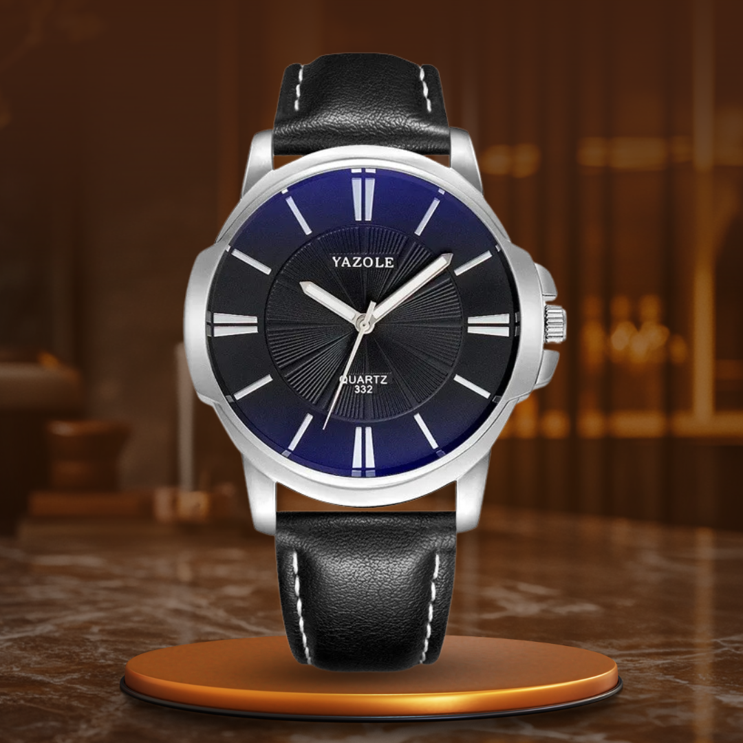 Luxurious Leather Watch with Blue Glass Dial