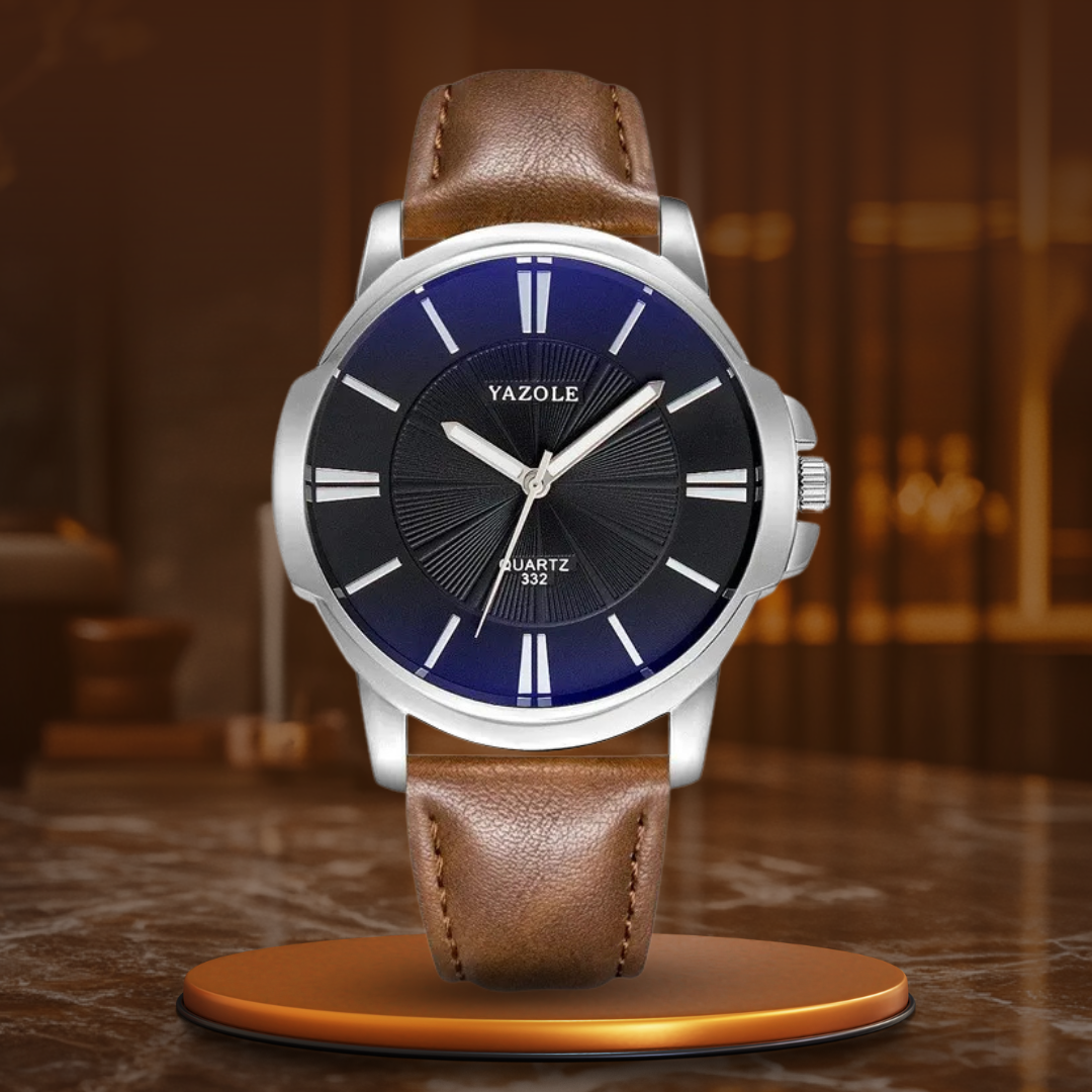 Luxurious Leather Watch with Blue Glass Dial