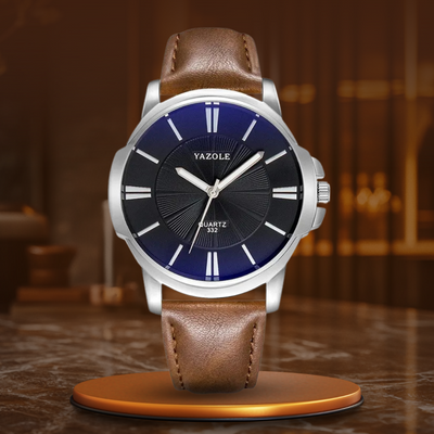 Luxurious Leather Watch with Blue Glass Dial