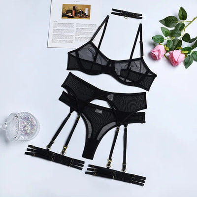 Richeza - Transparent 4-Piece Lingerie Set With Suspenders