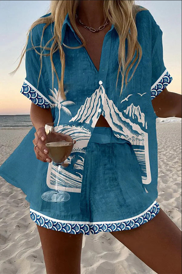 Virina™ – Short Linen Set with Mount Fuji Print