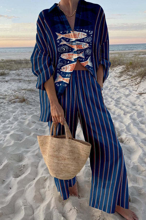 Zairine™ – Linen Set with Blue Koi Print