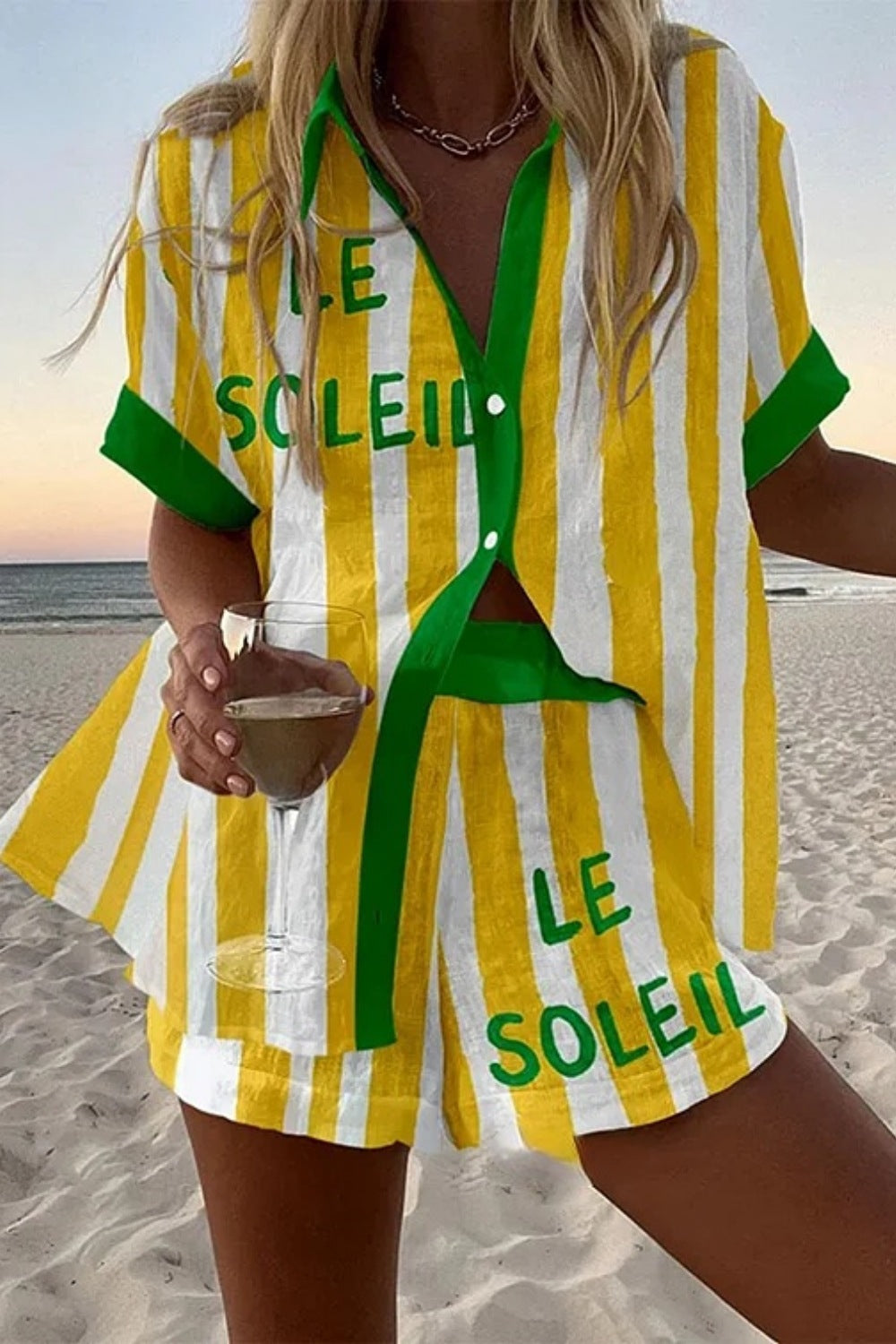 Halora™ – Short Linen Set with Yellow Stripes