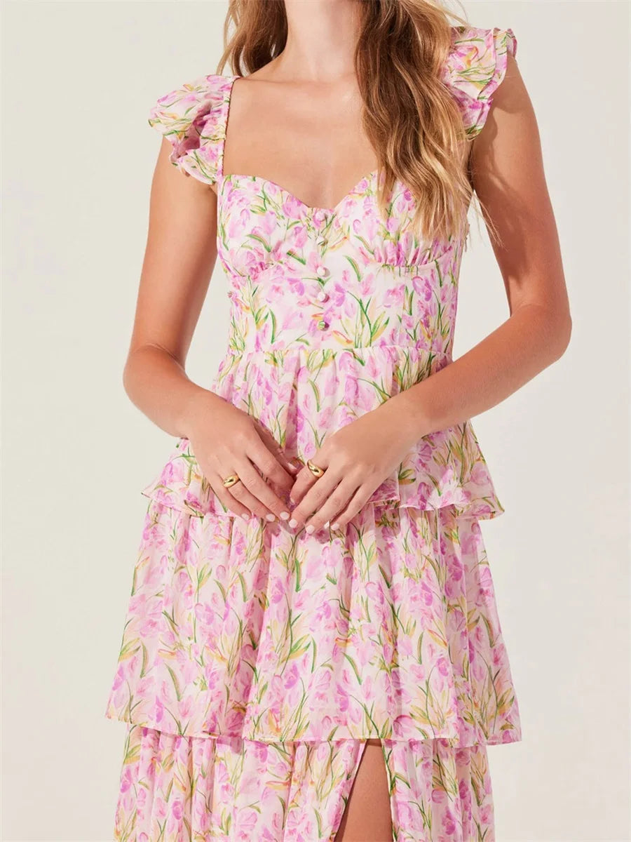 Toshima - Elegant  Multi-Layered Ruffles Split Maxi Dress
