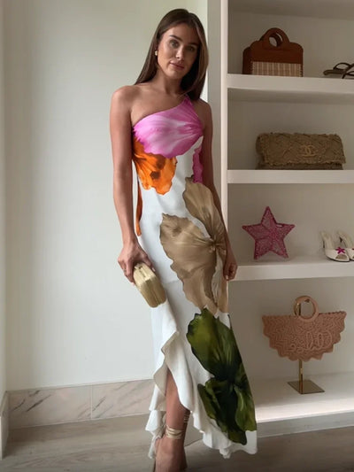 Joena - Elegant Floral One Shoulder Maxi Dress