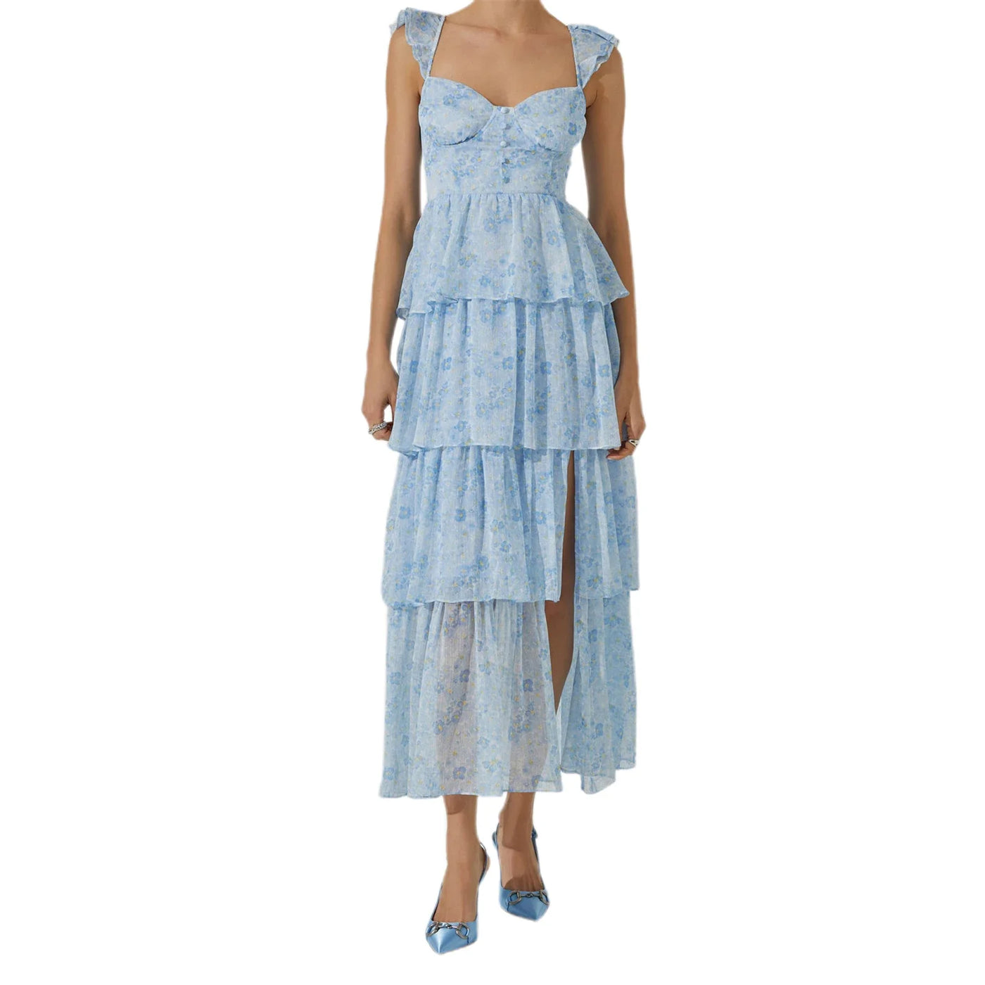 Toshima - Elegant  Multi-Layered Ruffles Split Maxi Dress