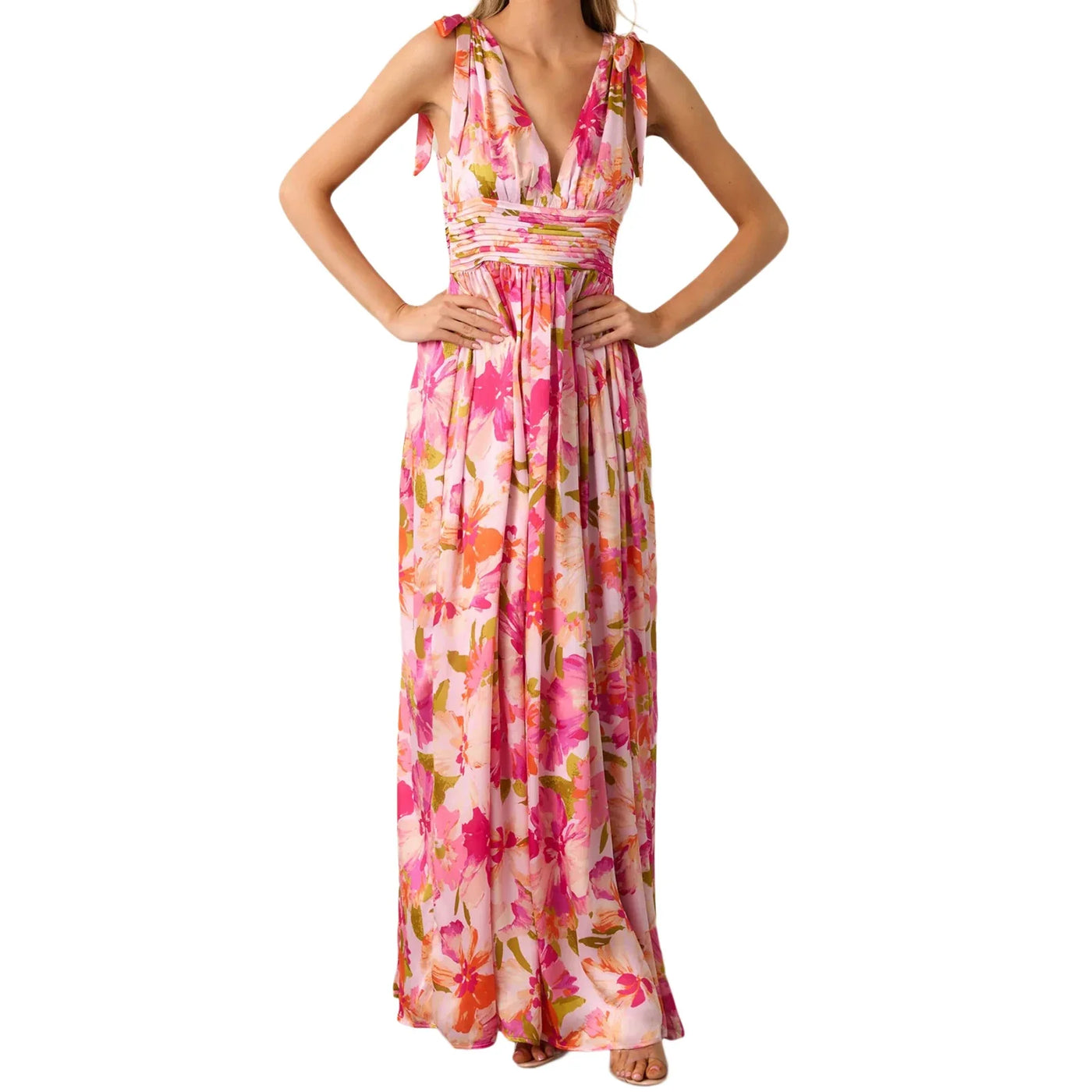 Daena - Stylish Strappy V-Neck Floral Print Maxi Dress