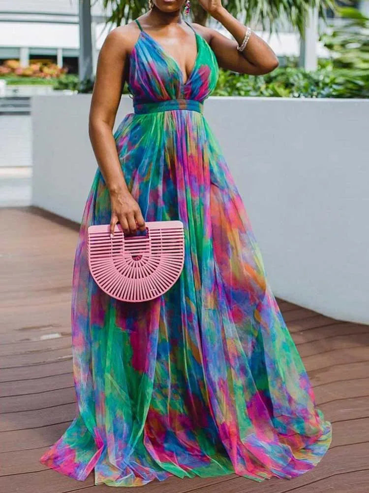Laleila - Colorful High Waisted Strappy Maxi Dress