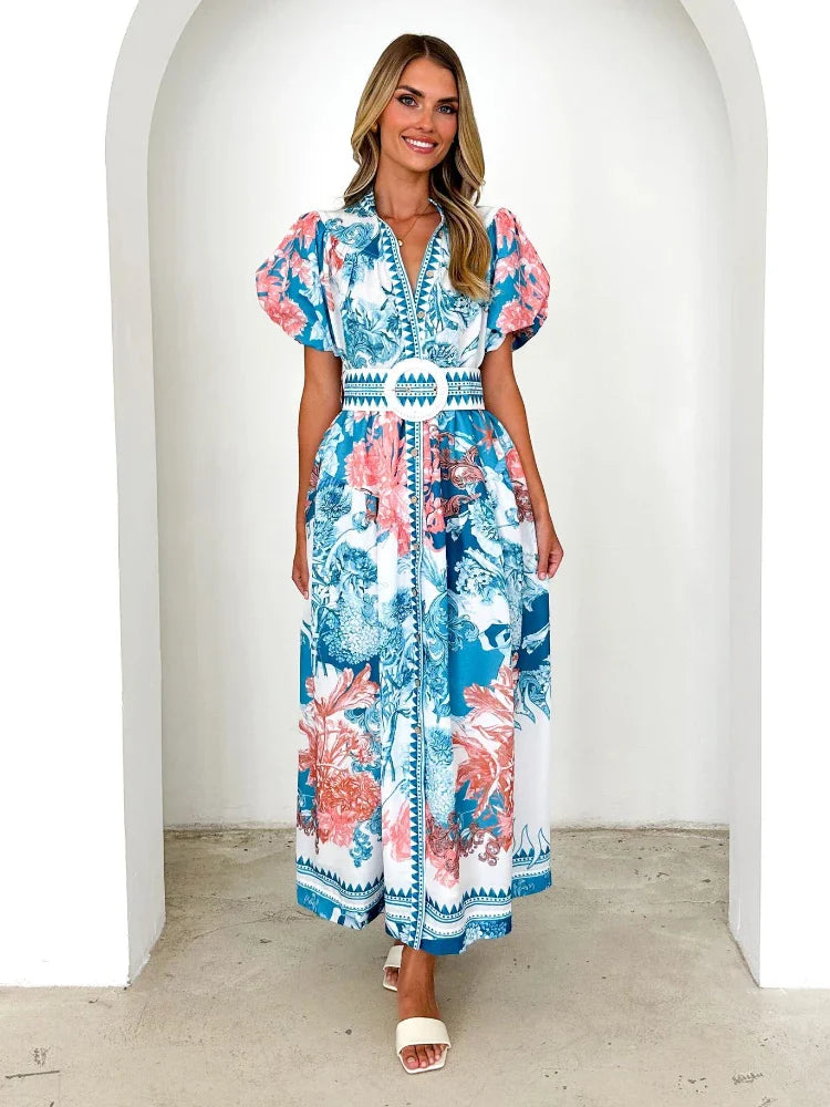 Kenchin - Casual Short Sleeve Belted Maxi Dress