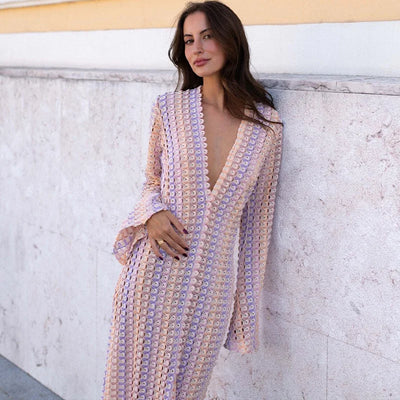 Kyline - StylishV-Neck Flare Sleeve Maxi Dress