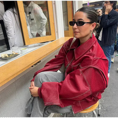 Faye - Oversized Red Leather Jacket