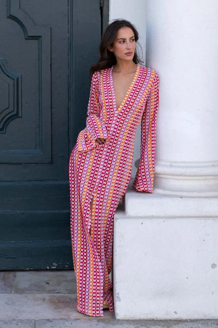Kyline - StylishV-Neck Flare Sleeve Maxi Dress