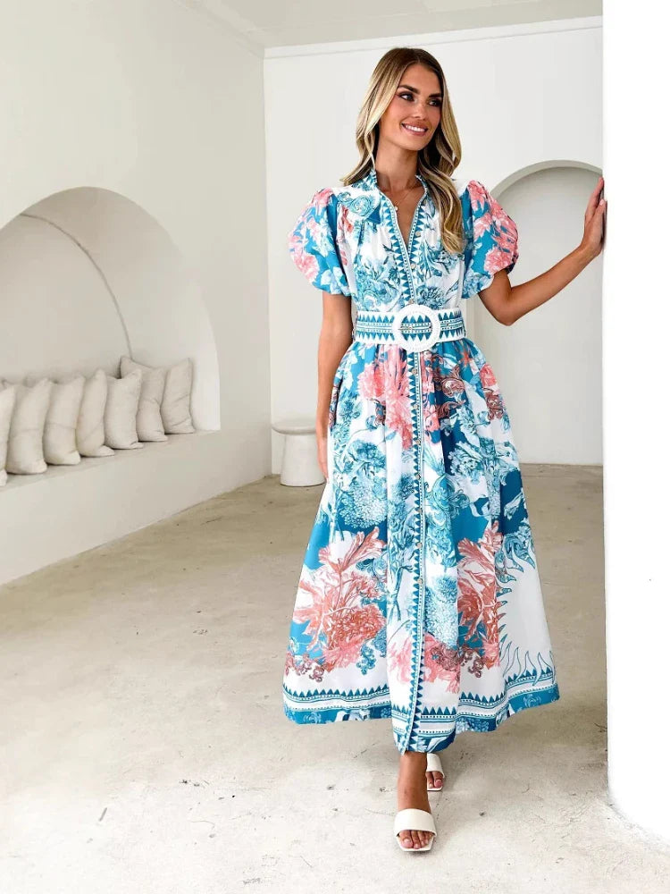 Kenchin - Casual Short Sleeve Belted Maxi Dress