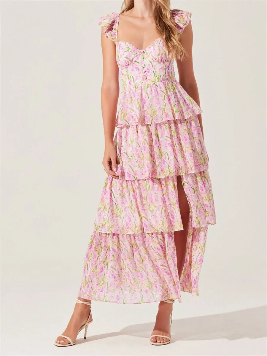 Toshima - Elegant  Multi-Layered Ruffles Split Maxi Dress