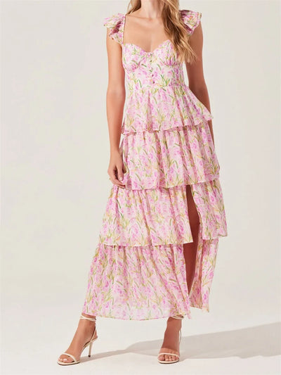Toshima - Elegant  Multi-Layered Ruffles Split Maxi Dress