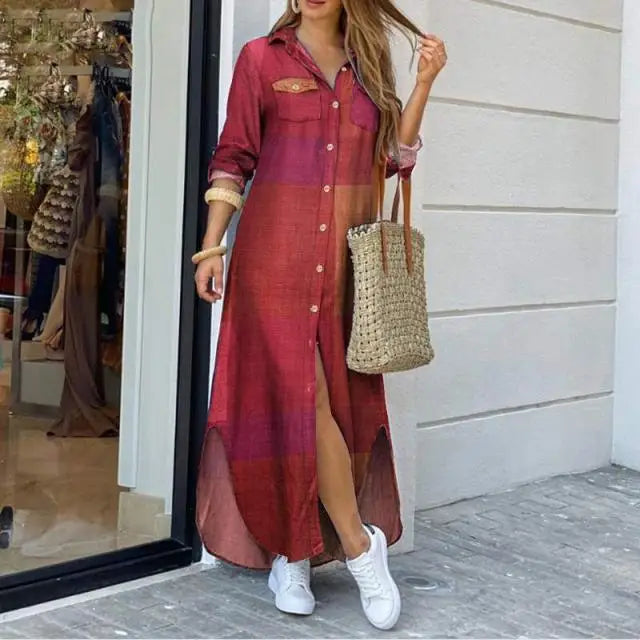 Karissa - Plaid Printed Polo Neck Shirt Dress