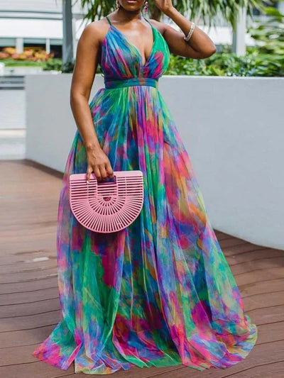 Laleila - Colorful High Waisted Strappy Maxi Dress