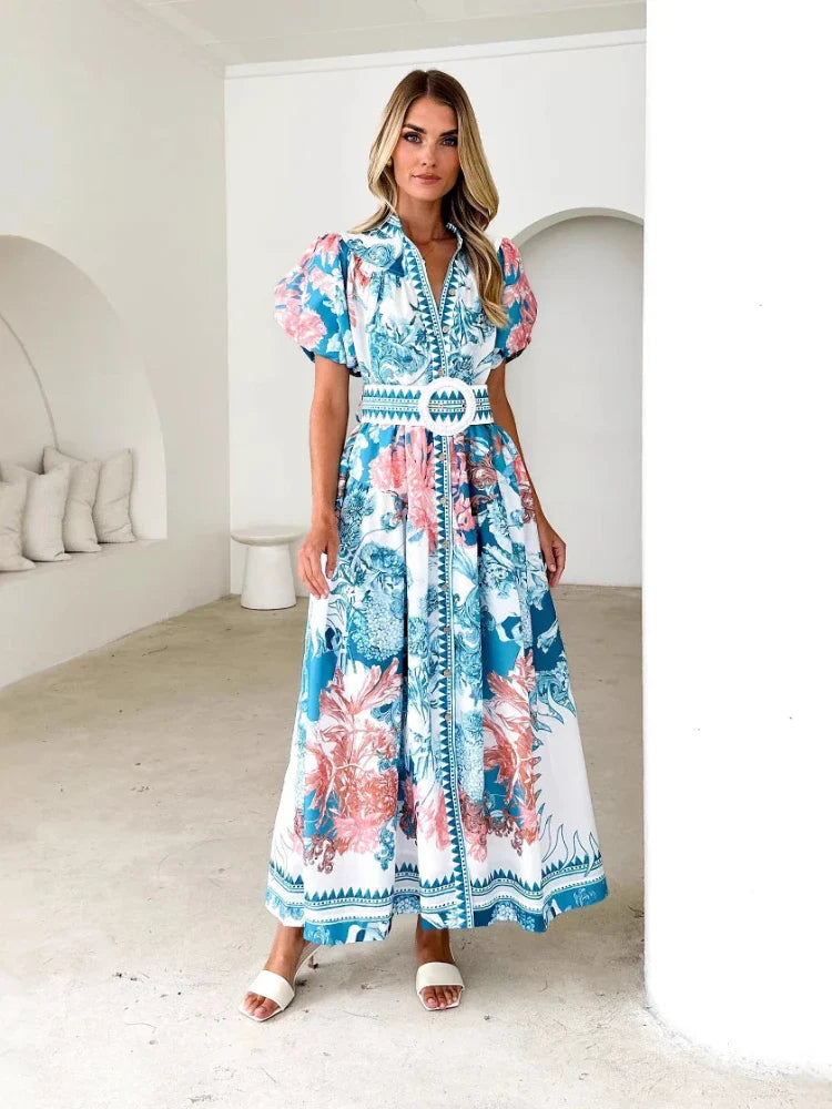 Kenchin - Casual Short Sleeve Belted Maxi Dress