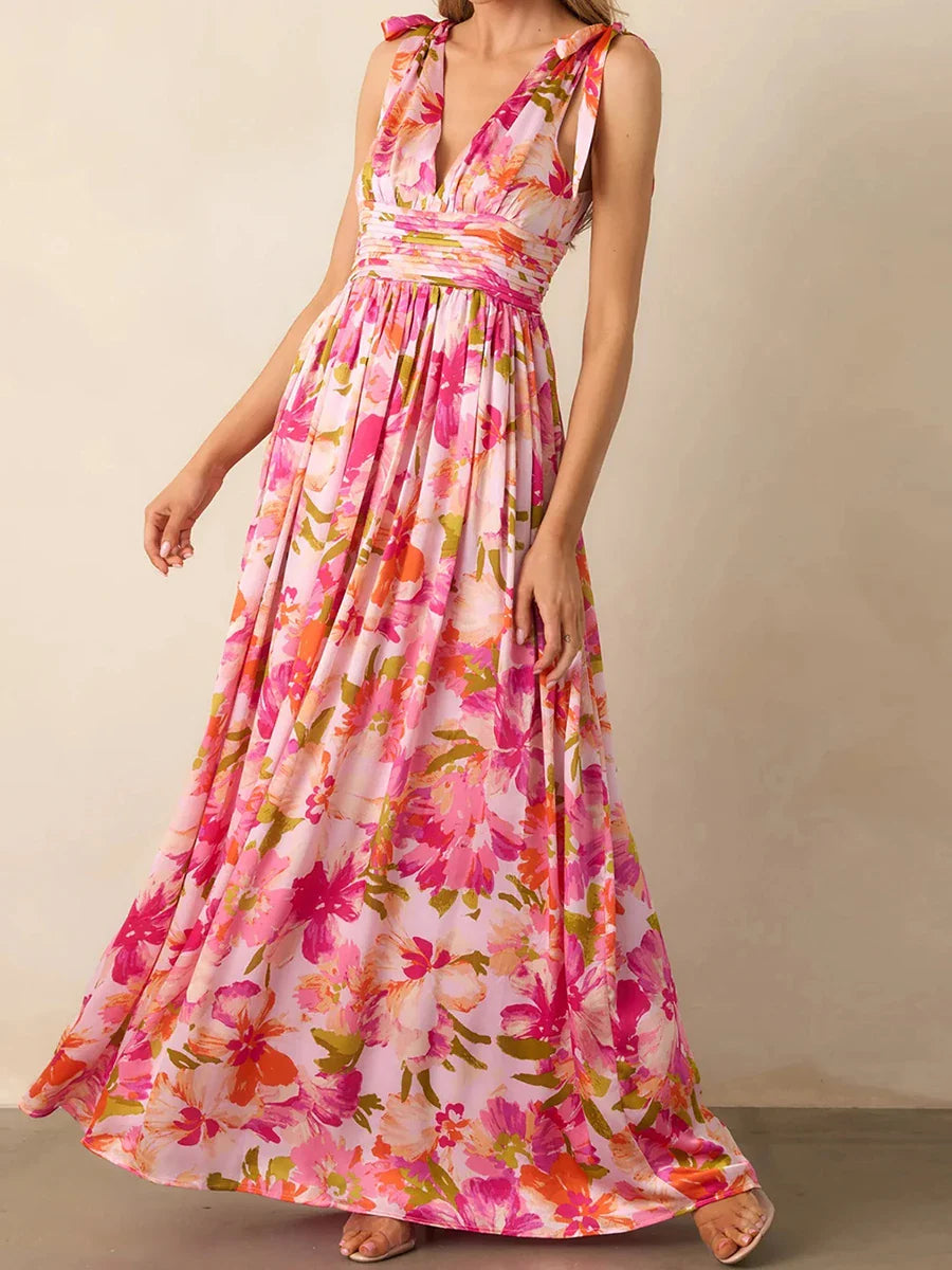 Daena - Stylish Strappy V-Neck Floral Print Maxi Dress