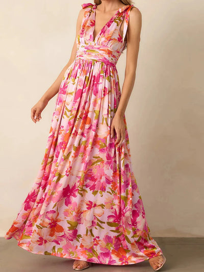 Daena - Stylish Strappy V-Neck Floral Print Maxi Dress