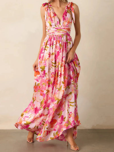 Daena - Stylish Strappy V-Neck Floral Print Maxi Dress