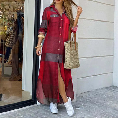 Karissa - Plaid Printed Polo Neck Shirt Dress