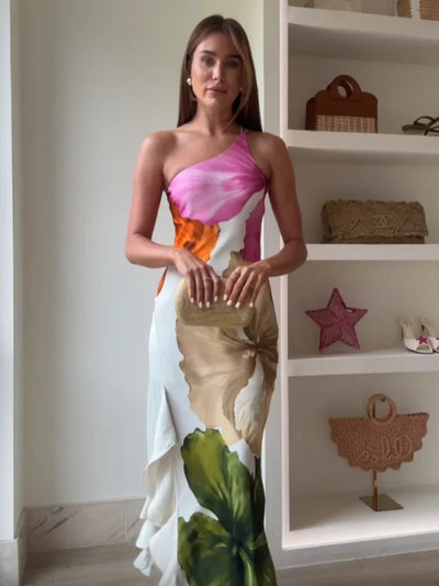 Joena - Elegant Floral One Shoulder Maxi Dress